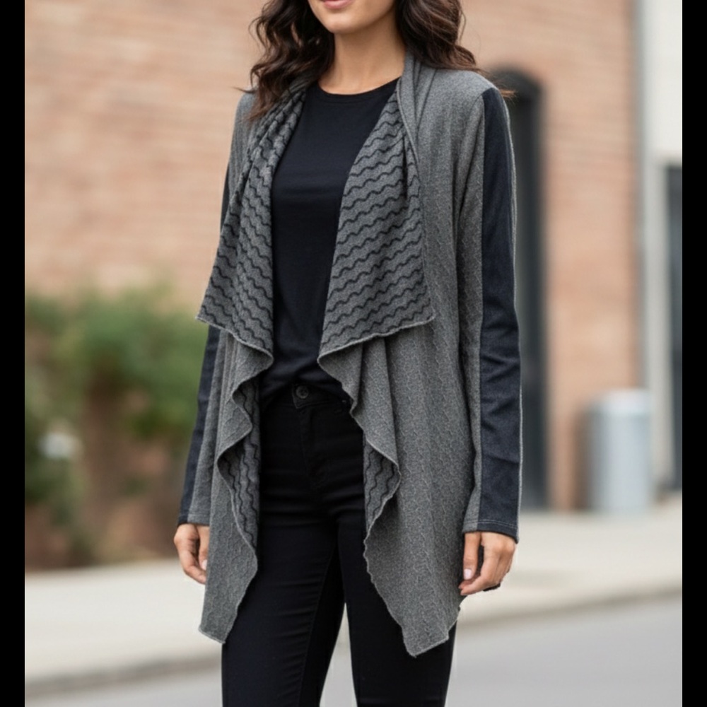 Hem and thread open draped cardigan Dark Gray Soft Jersey Mixmedia Academia S